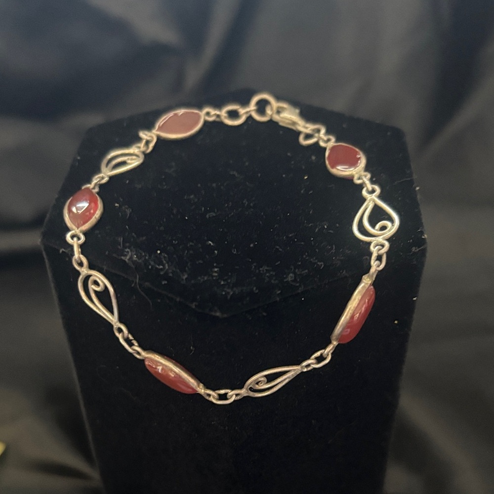 Sterling Silver Red Stone Link Bracelet